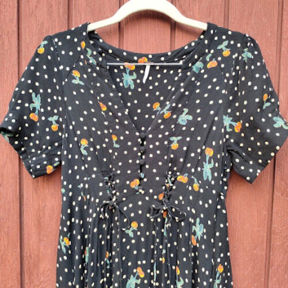 FREE PEOPLE | Polka Dot Cherry Print Midi Dress Lace-Up Corset Retro Mod 8 - Picture 4 of 15